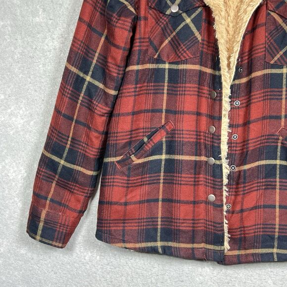 Altar’d State Jacket Women’s Medium Sherpa Lined Burgundy Plaid Coat Snap Button - Picture 3 of 12